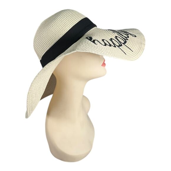 Mud Pie Happily Ever After Straw Sun Hat Wide Brim Embroidered One Size Vacation - Picture 2 of 12